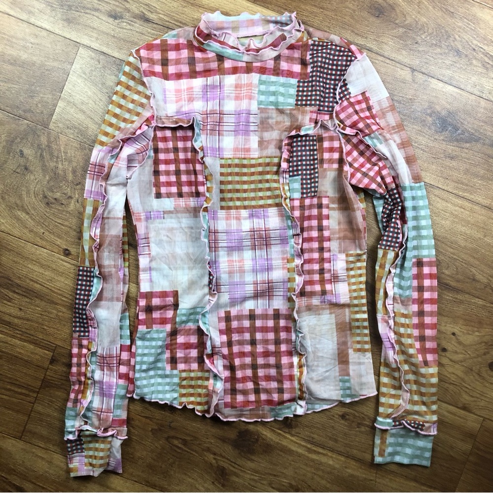 Shein Multicolor Sheer Patchwork Long Sleeve Shirt